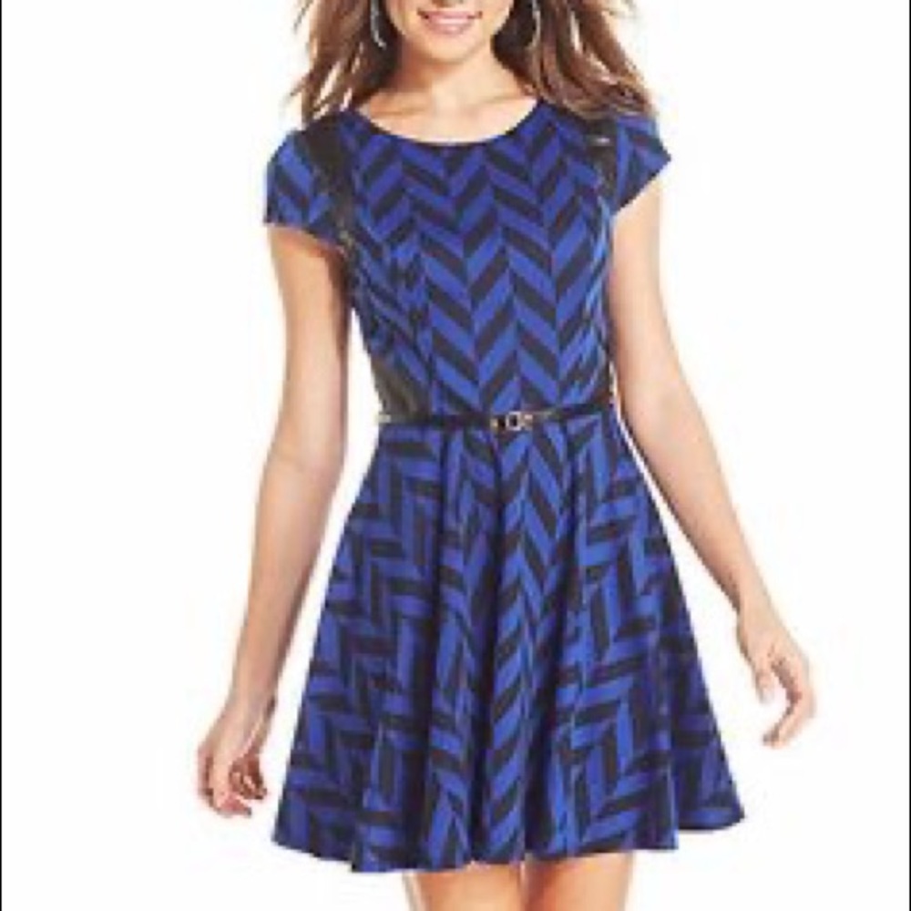 CITY STUDIO Blue & Black Zigzag Skater Dress with Leather Details